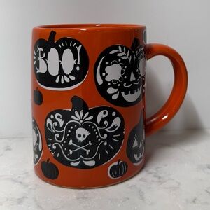 Crate&Barrel Halloween Orange Mug with Black Pumpkin Design
